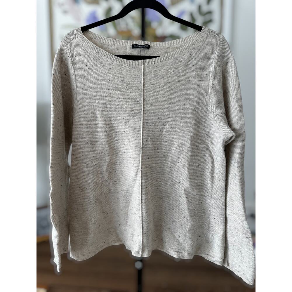 Eileen Fisher Organic Cotton Wool Blend Boat Neck Pullover Sweater Beige S / M